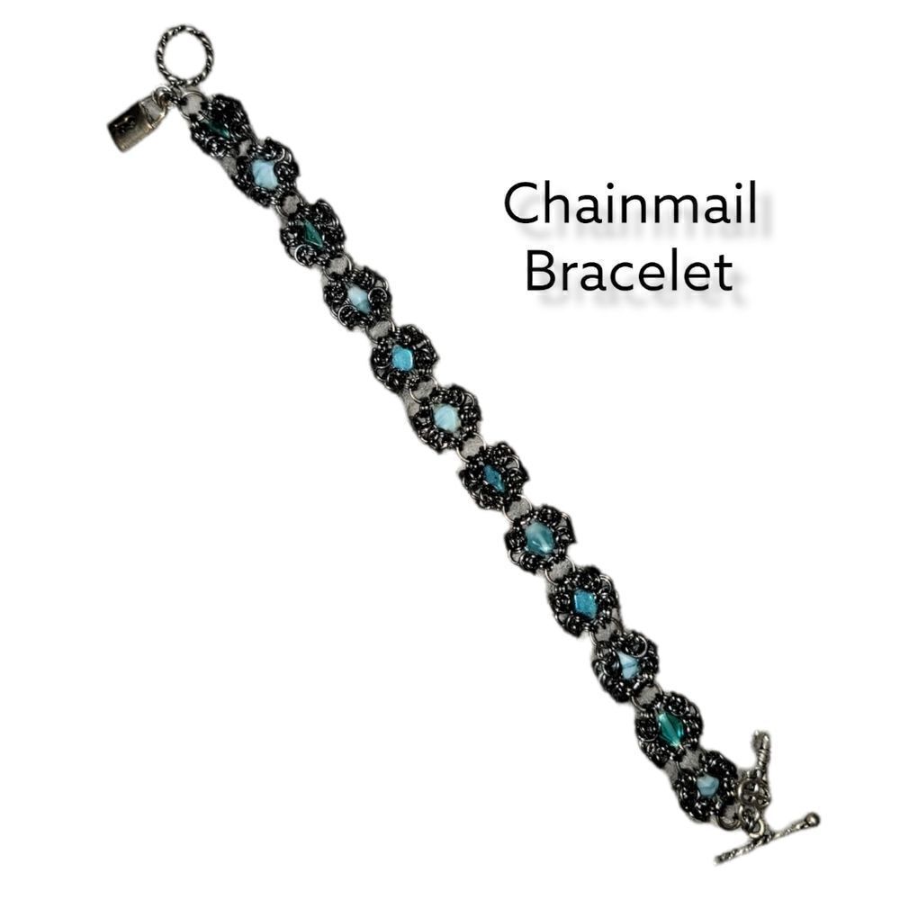 Chainmail Bracelet Gun Metal Flower Key Lock Charm #B13